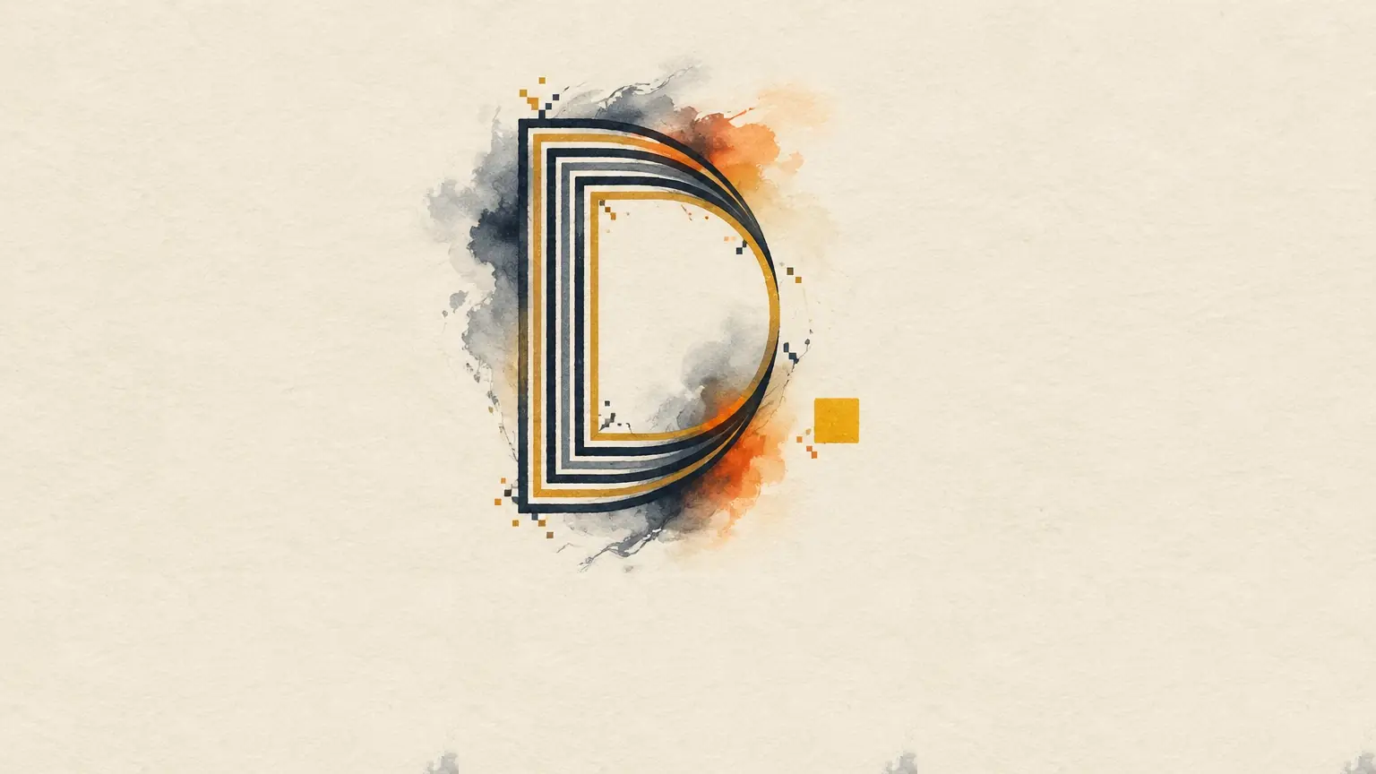 O monograma D feito de seis fios, pintado em nanquim e aquarela, com um quadrado amarelo ao lado