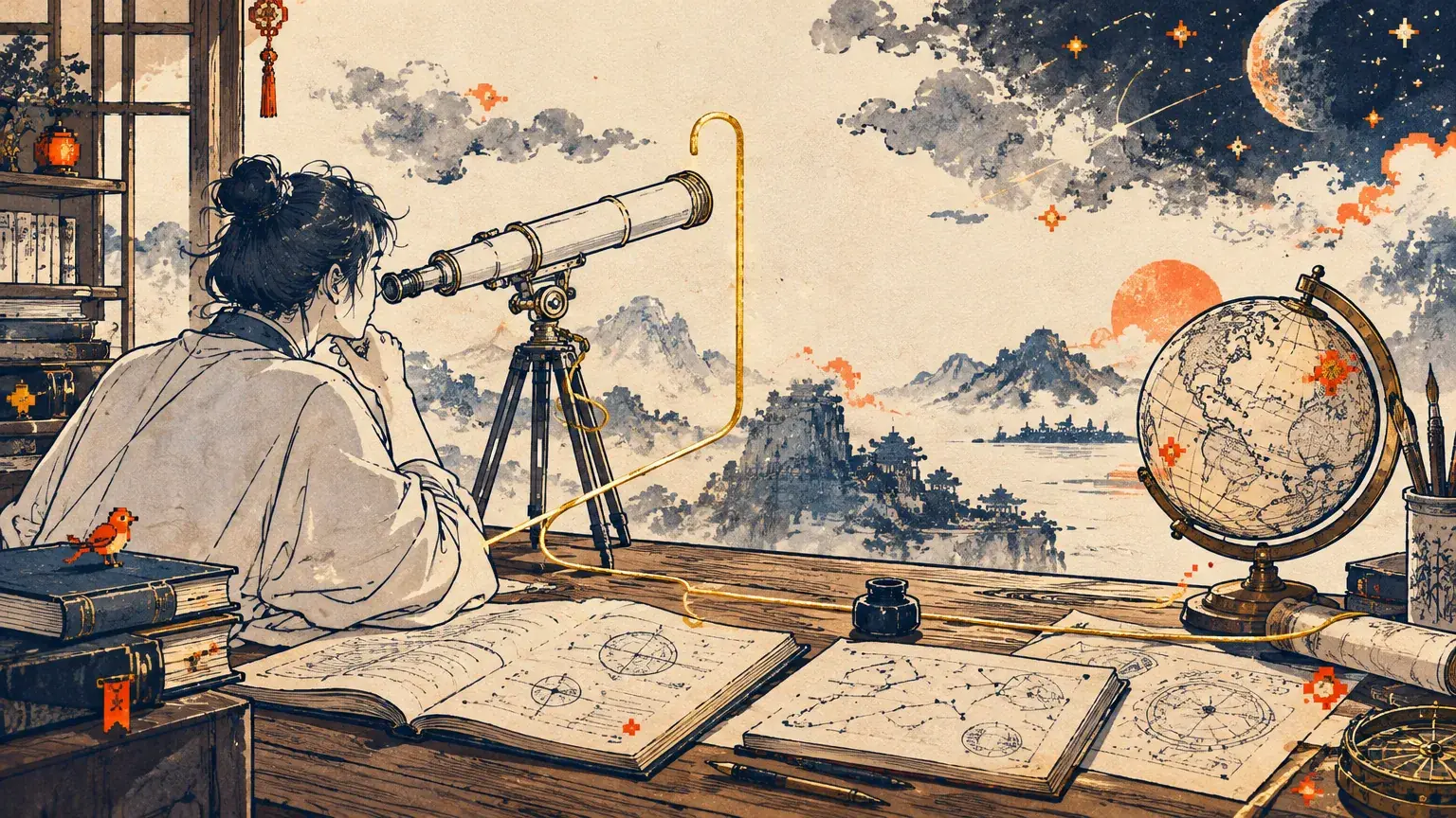 Uma pessoa olha por um telescópio na janela; sobre a mesa, um globo e cartas do céu