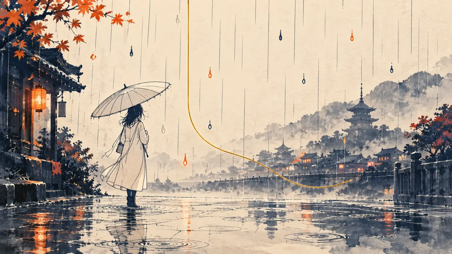 Uma pessoa sob um guarda-chuva na chuva, diante de um templo à beira d’água