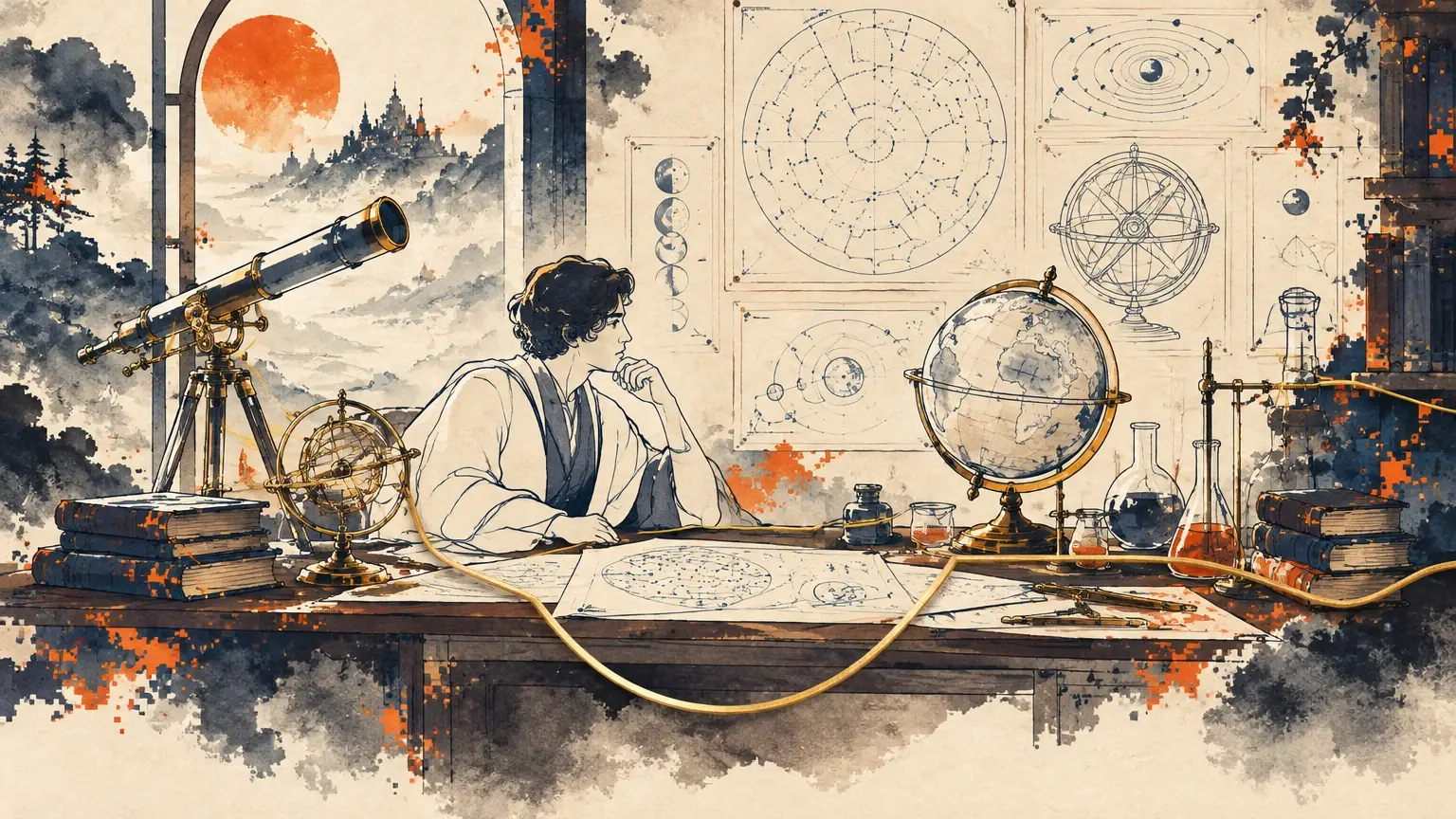 Um estudioso à mesa, entre mapas do céu, um globo e frascos